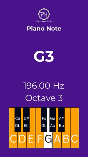 🎹 Master the G3 Piano Note: Clear Sound & Frequency Guide! Sharpen your pitch memory! Listen to the G3 note (196 Hz) and boost your note recognition in seconds. 🎶 Improve your ear training today with the G3 piano note! 🎹 At Percussion Hub, we make learning music simple and joyful. Whether you are a beginner or a teacher, hearing this note repeated at 196.00 Hz helps build rock-solid pitch memory. We upload daily lessons on piano, theory, and rhythm to help you grow. Watch the visual guides an