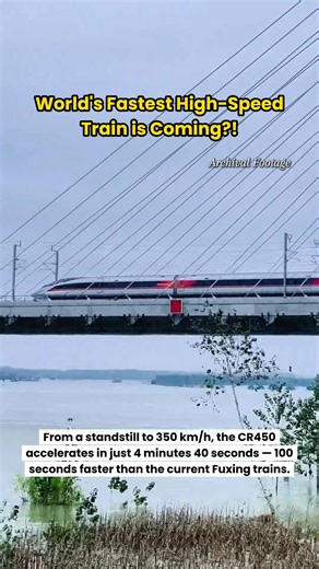 🚄 Speeding Into the Future: World’s Fastest High-Speed Train is Coming! 🌏✨ From a standstill to 350 km/h, the CR450 accelerates in just 4 minutes 40 seconds—100 seconds faster than the current Fuxing trains. Since the prototype was unveiled late last year, the CR450 has been undergoing tests under various speeds and conditions. In rigorous trials, a single train set reached 453 km/h, while the latest record for relative meeting speed hit 896 km/h! ⚡ Under strict technical requirements, the CR4