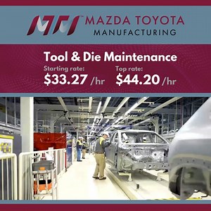 Apply Now: https://apply.aidt.edu/MTM-Tool-and-Die Mazda Toyota Manufacturing in #Huntsville, AL is seeking applicants for Tool & Die Team Members ($33.27 to $44.20 per hour | based on experience & skill level) $3,500 Sign on Bonus: $1,000 paid at 60 days of employment, $2,500 at 120 days of employment. Mazda Toyota Manufacturing employees receive benefits on their first day of employment including child care assistance program, paid time off, medical, dental, and vision, and a vehicle discount 
