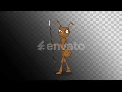 2D cartoon soldier ant character alpha walking and guarding with a spear