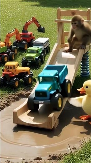 Spring-Bounce Bridge 🤩 Monkey & Duck Cheer the Bouncy Toy Vehicles! #PloopoTV