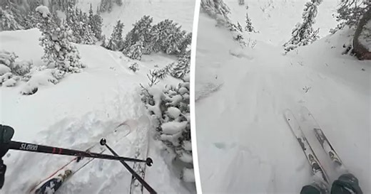 Skier drops into extreme off-piste terrain in the French Alps