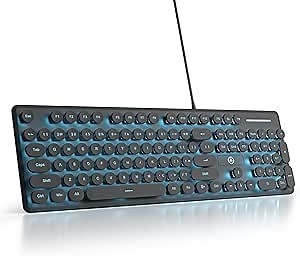 Typewriter Keyboard 104-key Punk Gaming Retro Keyboard LED Ice Blue Backlit Cute Keyboard with Wired USB Suitable for PC/Win/Mac/Laptop Computer Keyboard（Black）