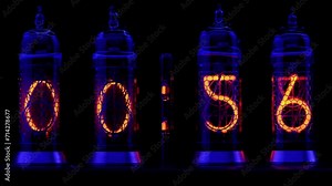 Vintage lamp timer, close up. One-minute countdown. Retro vacuum tube display on the vintage lamp timer, countdown seconds.