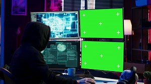 Rogue computer scientist uses AI deep learning and green screen PC to develop malware. Hacker uses artificial intelligence neural networks and chroma key monitors to build script, camera A