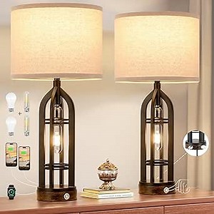 Seealle Table Lamps for Living Room Set of 2 - Black Bedside Lamp for Bedroom with USB C+A & Outlet, Farmhouse Lamps for Night Stands, 3-Way Dimmable Touch Lamps for Living Room with Oat Shade