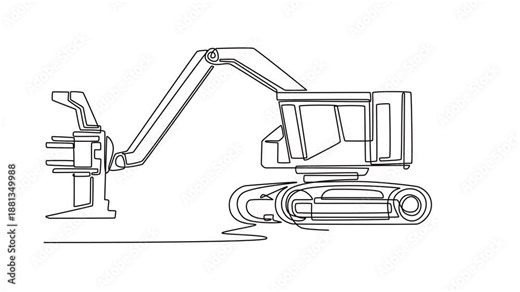 Animated self drawing of continuous line draw specialized forestry vehicle used for timber harvesting. Articulated its arm and heavy chassis. Industrial logging vehicle. Full length one line animation