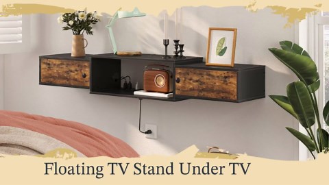 HOOBRO 55" Floating TV Stand with Power Outlet, Modern Wall Mounted Media Console Shelf Cabinet for Under TV Storage, Entertainment Center, Living Room, Bedroom, Rustic Brown and Black BF11DS01