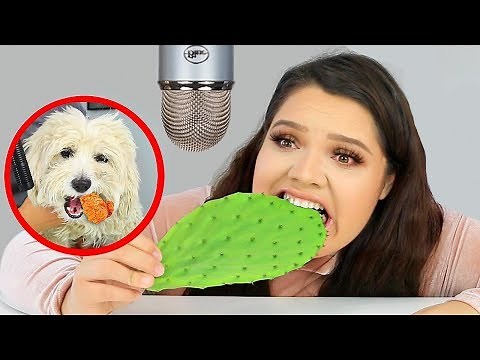 I Tried ASMR again..Eating Raw Cactus, Slime, Fried Chicken (Sticky Crunchy Sounds)