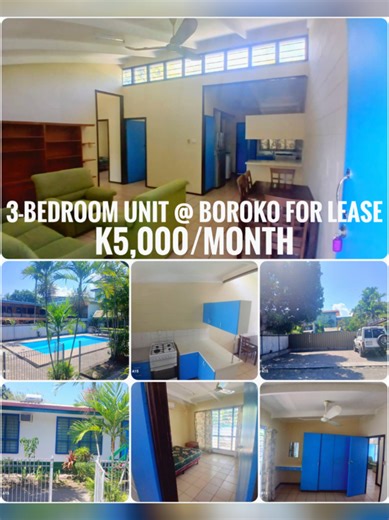 FOR LEASE – BOROKO - K5,000/month 🏡 Modern 3-Bedroom Unit 📍 Location: Boroko 💰 Rent: K5,000/month 🔹 Fully Air-Conditioned Units 🔹 Swimming Pool 🔹 Backup Generator 🔹 Backup Water Tanks 🔹 Fully furnished 🔹 24/7 Security provided 🔹 In unit Laundry Room 🔹 Ample parking space Last unit available, secure now ✅️ Prefer Corporate Clients Secure, comfortable, and conveniently located – perfect for professionals and working class 📞 Call/Whatsapp: ( 675) 83513665 📧 Email: proceedtradingpng@gma