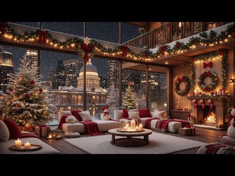 🎄🎅 Christmas Evening Jazz 2025 ❄️ Snowy City View & Warm Fireplace Living Room Vibes