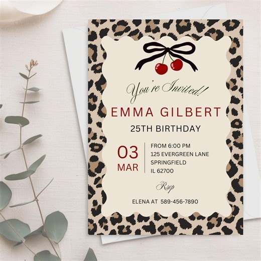Cheetah & Leopard Birthday Invitation, Coquette Black Bow Party, Cherry Animal Print Editable Canva Template - Etsy Canada