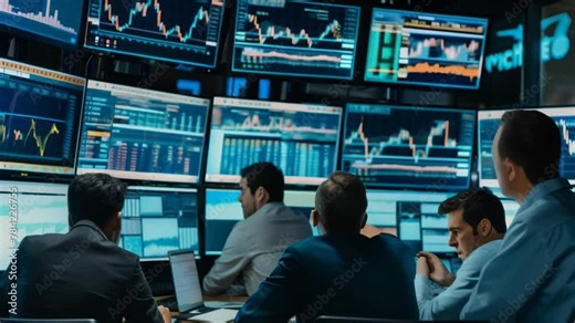 In a stock exchange trading room lined with multiple computer monitors, men in suits focus intently on their work.