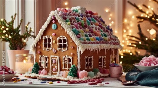 Decorated gingerbread house sits on festive table surrounded by candies candles and soft lights capturing cozy christmas holiday baking tradition