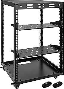 15U Open Frame Server Rack, Wall-mountable IT Rack w/Swivel Casters, 2 Rack Shelves, Top & Bottom Panels, Network Rack for Stereo/Computer/Data/IT/AV Equipment, 19.7”L x 18.8”W x 32.3”H
