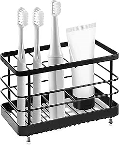 Toothbrush Holders, 6 Slots Stainless Steel Bathroom Toothbrush Holder, Toothpaste Holder Tooth Brushing Stand for Bathroom Countertop Accessories Organizer (Black)