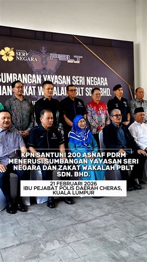 VIDEO PILIHAN: KPN SANTUNI 200 ASNAF PDRM MENERUSI SUMBANGAN YAYASAN SERI NEGARA DAN ZAKAT WAKALAH PBLT SDN. BHD. Ikuti sedutan rakaman Ketua Polis Negara (KPN), IG Dato’ Sri Hj. Mohd Khalid Hj. Ismail hari ini menyantuni 200 asnaf warga Polis Diraja Malaysia (PDRM) dalam Majlis Sumbangan Yayasan Seri Negara (YSN) dan Penyerahan Zakat Wakalah PBLT Sdn. Bhd. yang berlangsung di Dewan Serbaguna, Ibu Pejabat Polis Daerah (IPD) Cheras, di sini. Majlis yang disempurnakan oleh Ahli Parlimen Bandar Tun