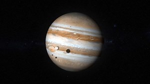 Realistic 4k 3d animation of Jupitar. The Jupiter planet and Callisto, Europa, Ganymede, in the space. 3d animation.