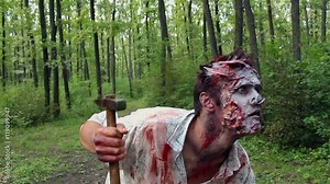 crazy scary zombie standing in the woods and looking for the victim