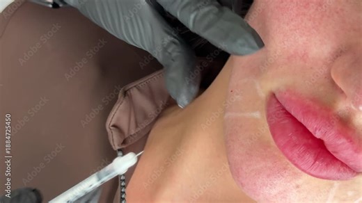 Beauty clinic. Beautician hands in gloves making face aging injection in a female skin. A woman gets beauty facial cosmetology procedure. Botox. collagen injections. Shot in 4k