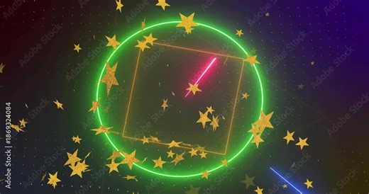 Neon scene starting triangle centering, rotating square, sweeping beams, orbiting stars for depth