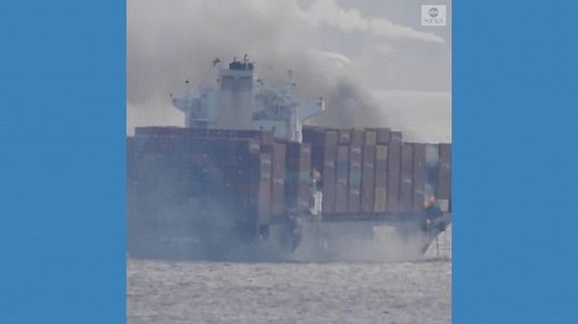 Video shows fire blazing on container ship