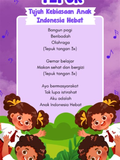 Yuk, kenalkan 7 Kebiasaan Anak Indonesia Hebat sejak hari pertama sekolah! Melalui tepuk dan lagu sederhana ini, anak-anak diajak untuk membiasakan diri bangun pagi, beribadah, berolahraga, gemar belajar, makan sehat, bermasyarakat, dan tidak lupa beristirahat. Tentunya, kegiatan ini sangat cocok untuk memeriahkan MPLS Ramah 2026. ✨ Belajar sambil bernyanyi dan bergerak membuat suasana MPLS menjadi lebih seru, menyenangkan, dan penuh semangat. Siap menjadi Anak Indonesia Hebat? ❤️ Simpan dan pra