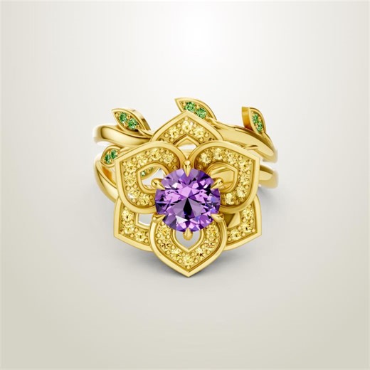 Purple Amethyst Gem Flower Shaped Statement Engagement Ring - Gift for Her or Self - Etsy