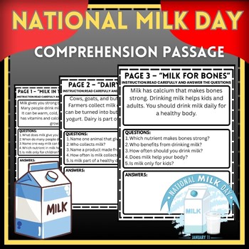 Milk-Themed Reading Passages with Questions & Answer Keys Grade 2-8
