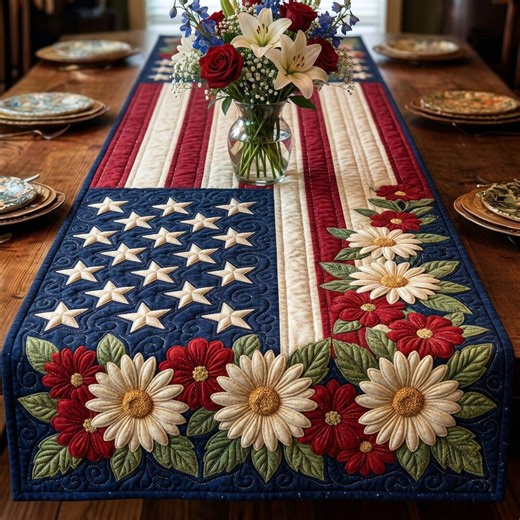 Patriotic American Flag Table Runner, 4th of July Quilted Print Table Decor, USA Floral Dining Runner, Memorial Day Farmhouse Gift - Etsy