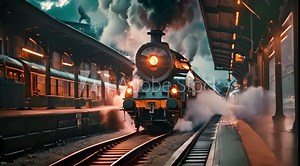 Train at a train station with the smoke coming out of the top footage
