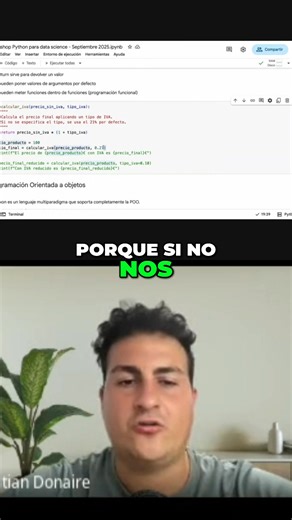¿Sabías que puedes darle “superpoderes” a tus funciones en Python con un simple truco? ¿Te imaginas que tu función “piense por sí sola”? Eso es lo que haces cuando le das valores por defecto a tus parámetros. Si no defines un valor al llamar la función, Python usa el que tú hayas dejado preconfigurado En este ejemplo: Si no indicas el IVA, la función aplica automáticamente un 21%. Perfecto para evitar errores y hacer tu código más flexible y profesional Estos pequeños detalles son los que marcan