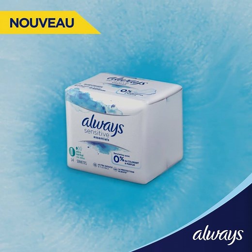 NOUVEAU Always Sensitive Essentials : une serviette avec 0% de colorant et de parfum mais qui vous offre toute la protection dont vous avez besoin. | Always France