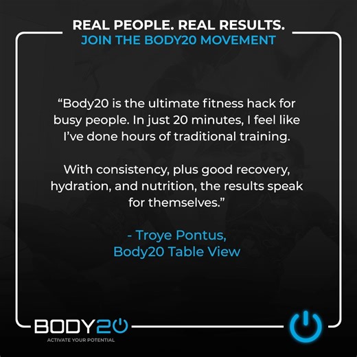 Real people. Real results. Join the Body20 movement “Body20 is the ultimate fitness hack for busy people. In just 20 minutes, I feel like I’ve done hours of traditional training. With consistency, plus good recovery, hydration, and nutrition, the results speak for themselves.” — Troye Pontus, Body20 Table View BOOK YOUR FREE DEMO: https://body20.co.za/50-memberships.php #Body20 #Body20SA #WhatIsEMS #EMSTraining #FutureOfFitness #TrainSmarter #20MinuteWorkout #StrongerWithBody20 #FitnessInnovatio