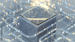 Futuristic technical plate is processing signals. Science fiction concept. Seamless loop 3D render animation with DOF