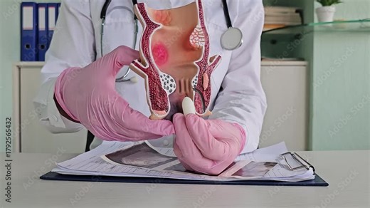 A proctologist doctor administers a rectal suppository and an artificial model of the human rectum