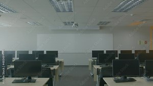 Tilt-Down Shot Of A Newly Built Training Room Of A Modern Call Center Office