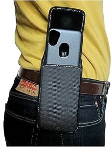 Nylon Cell Phone Holster Pouch Fits Otterbox (Commuter) Samsung Galaxy A15, A14, A13, A11, A21, Rugged W/Fixed Belt Loop Clip Holder, Magnetic Closure, Fits with Case On Device (Black-Vertical)