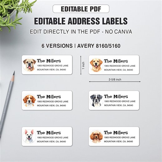 Dog Address Labels for Avery 5160 & 8160 – Editable PDF Template – 1" x 2-5/8" Mailing Labels – Printable Return Address Labels – 6 Styles