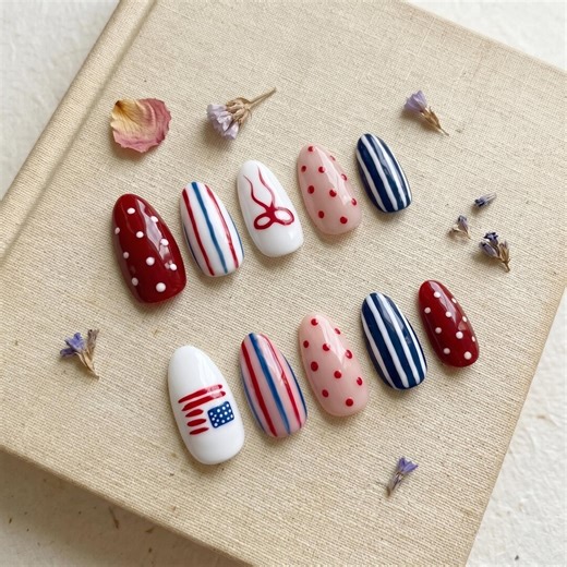 Handmade Patriotic Nails: 4th of July, Americana, Red Blue Polka Dot Stripe Nails - Etsy