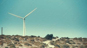 Wind turbines, power generator farm, France. Generating green ecological power energy. Windmills on eco field.