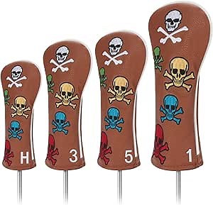 Golf Club Head Covers for Fairway Woods Driver Hybrids, 4Pcs Leather Golf Headcover Set with Skull Patterns Embroidery and Numbers 1 3 5 H, Golf Club Headcovers for Club Men Women (Brown)