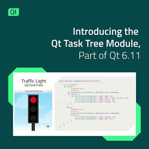 2.1K views | Coming soon as a technology preview in Qt 6.11, the Qt Task Tree module provides a comprehensive solution for managing automated, asynchronous tasks. It introduces a modern C++ API design, transforming how we write and read asynchronous code, unifying existing asynchronous APIs, and making it easy to adapt any task to work seamlessly with the module. Discover how it can simplify and unify your asynchronous workflows: https://eu1.hubs.ly/H0qDZVY0 | Qt Group | Facebook