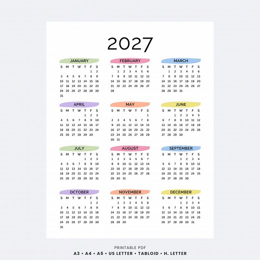 2027年 年間カレンダー 印刷可能 1ページ | 年間概要 ミニマリスト PDF | 月曜日と日曜日開始 A4、レター、タブロイド、A3 壁掛けカレンダー - Etsy 日本