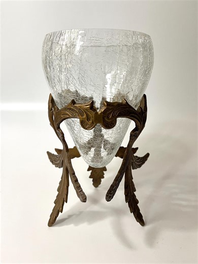 Vintage Art Deco Crackle Glass Vase | Etched Leaf Brass Pedestal Stand | Table Centerpiece - Etsy