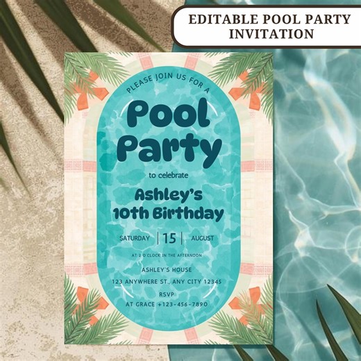 Editable Pool Party Birthday Invitation, Kids Summer Birthday Pool Invite, Swim Party Birthday Invitation, Canva Template - Etsy