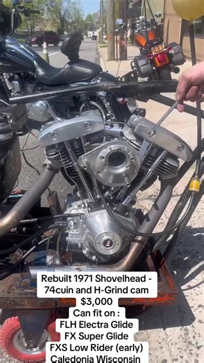 The engine shown is a rebuilt 1971 Harley-Davidson Shovelhead engine with a 74 cubic inch displacement. Engine Type: Air-cooled, OHV V-twin Displacement: 74 cubic inches (CI) or approximately 1200cc Horsepower: Around 58 hp Torque: Approximately 70 foot-pounds of low-end torque Transmission: Typically a 4-speed manual transmission Features a shallower combustion chamber and larger valves compared to its predecessor, the Panhead engine #shovelhead #panhead #engine #harleydavidson #fyp