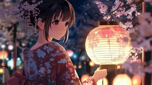Anime girl in a kimono with a lit lantern in her hands.