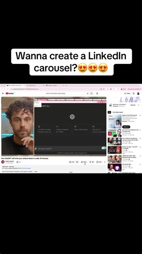 How to (finally) create Linkedin carousels with AI: 1. Go to YouTube. 2. Find an actionable video. Copy the URL. 3. Go to Gemini. The ChatGPT of Google. 4. Type your prompt (it's too long for Linkedin) 5. Go to gamma .app 6. Click