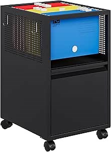MIIIKO File Cabinet with Drawer, Mobile Files Organizer with Hanging Rod for Letter/Legal File Folders Storage, Home Office File Cart on Wheels Under Desk